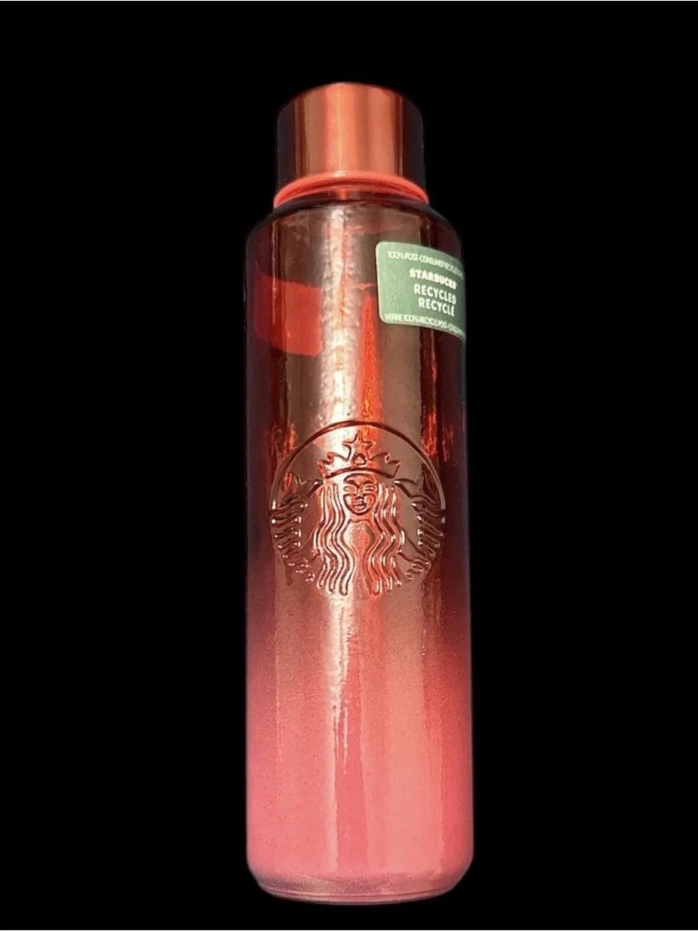 STARBUCKS Valentines Day Red Pink Ombre Recycled Glass Bottle 22oz NEW